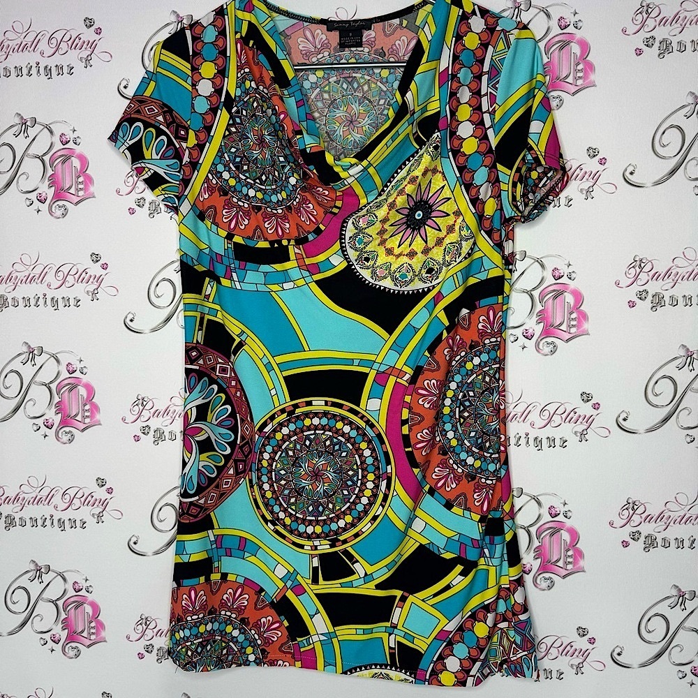 Sunny Taylor dress psychedelic bright groovy paisley circles boho print scoop